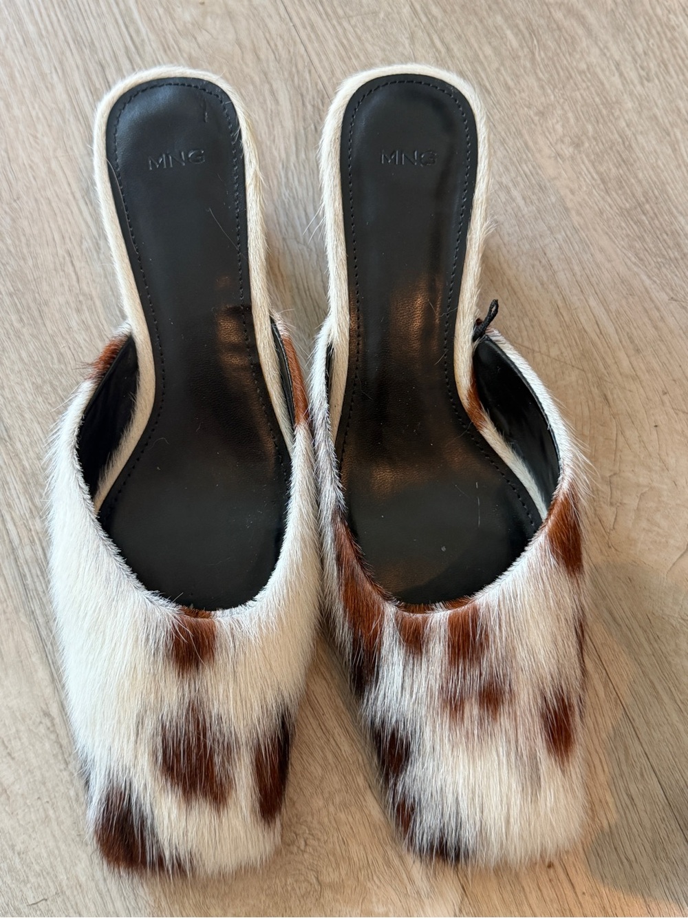 Mango Cow Print Bovine Leather Heeled Mules 7.5